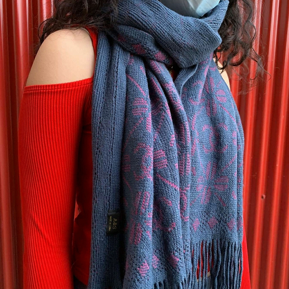 Blue Scarf With Pink Patterns